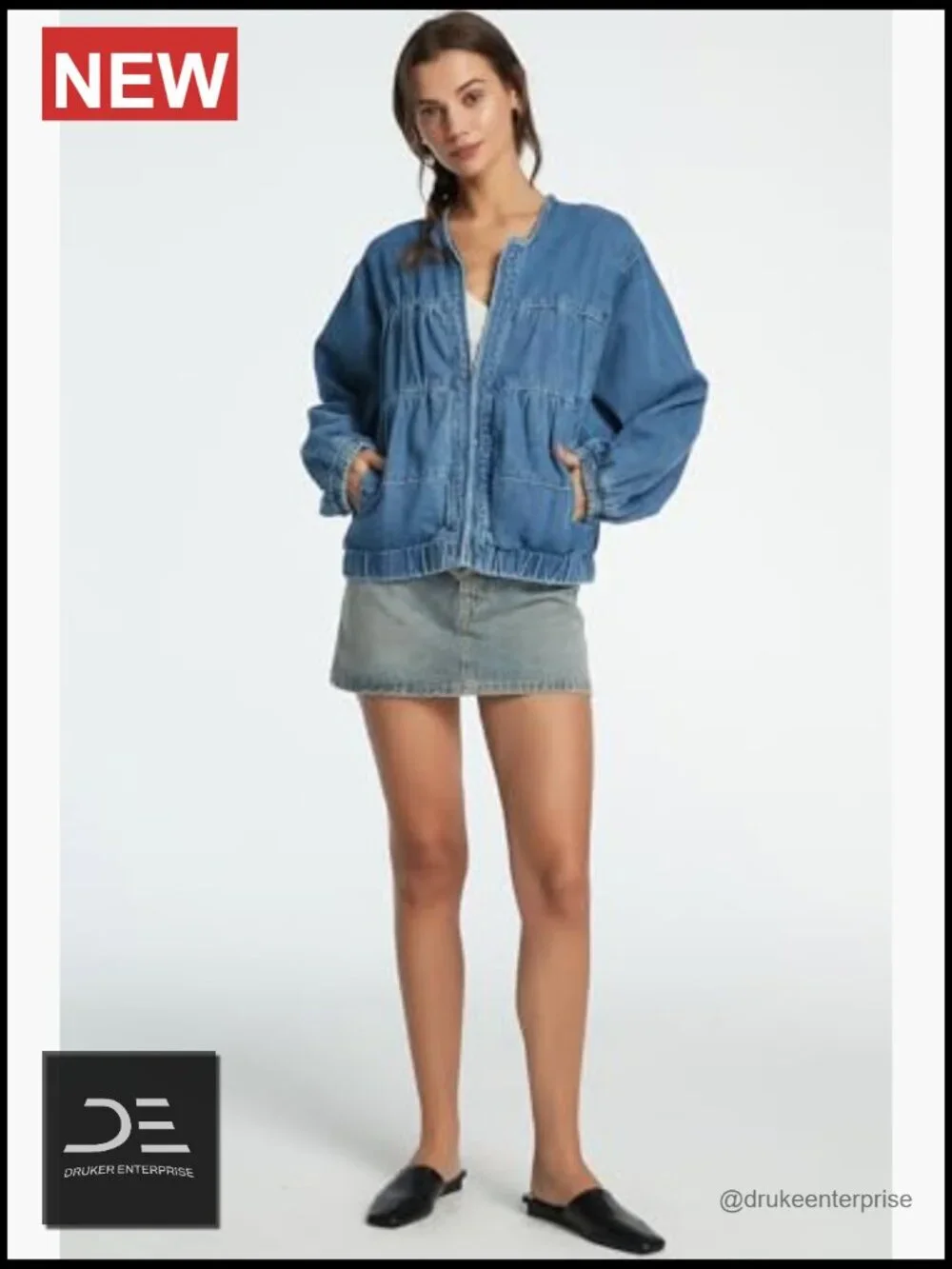 Women Denim Bomber Jacket Collarless Cropped Zip Jean Shirt Jacket Pockets